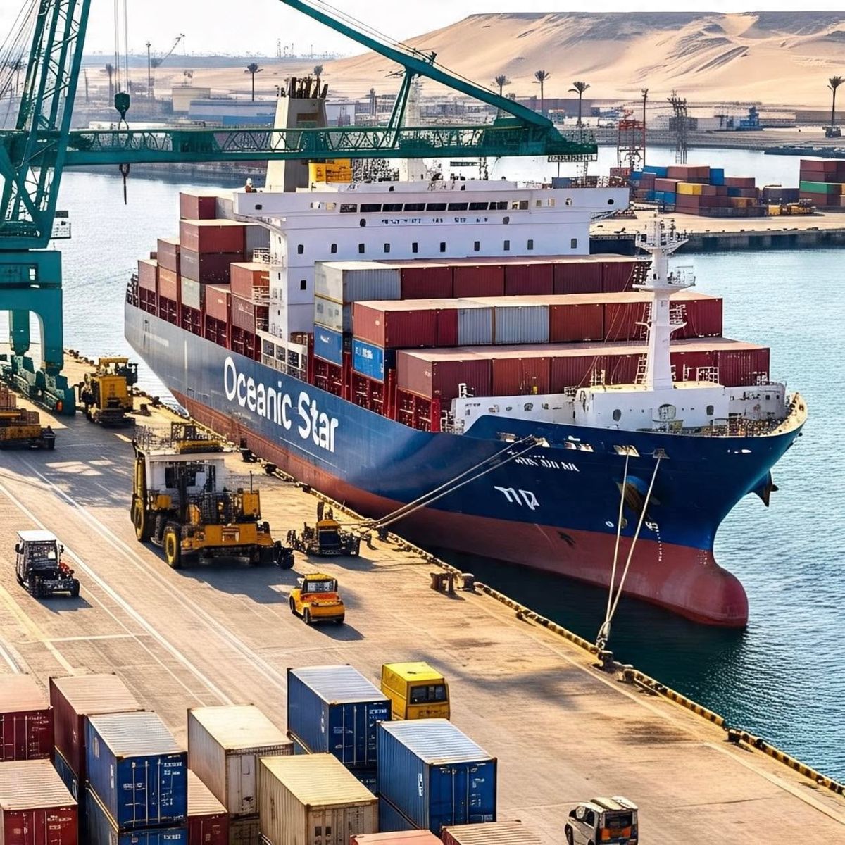 Container ship loaded with cargo at sea