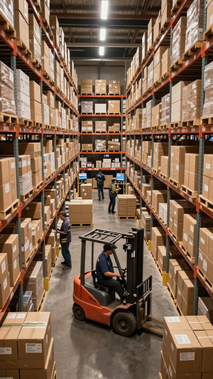 Warehouse aisle with stocked racking